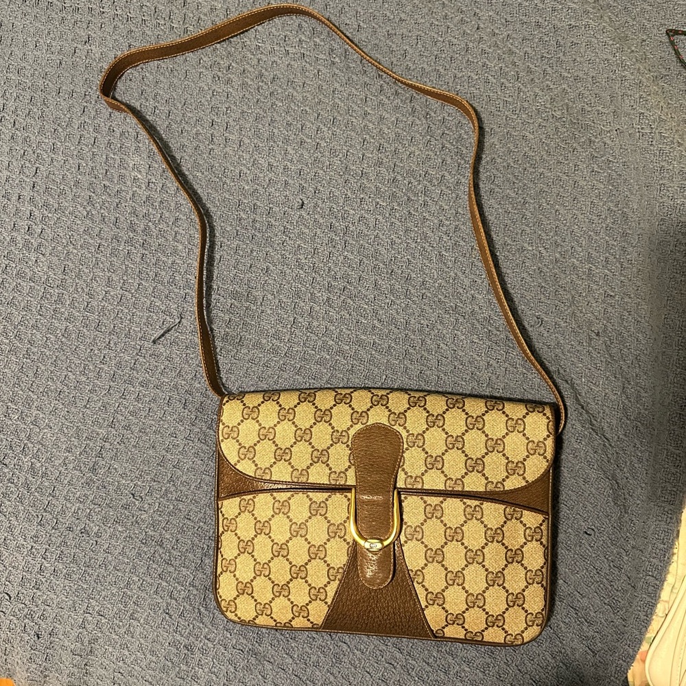 Vintage Gucci GG Monogram Shoulder Bag Beige and Brown Crossbody Bag